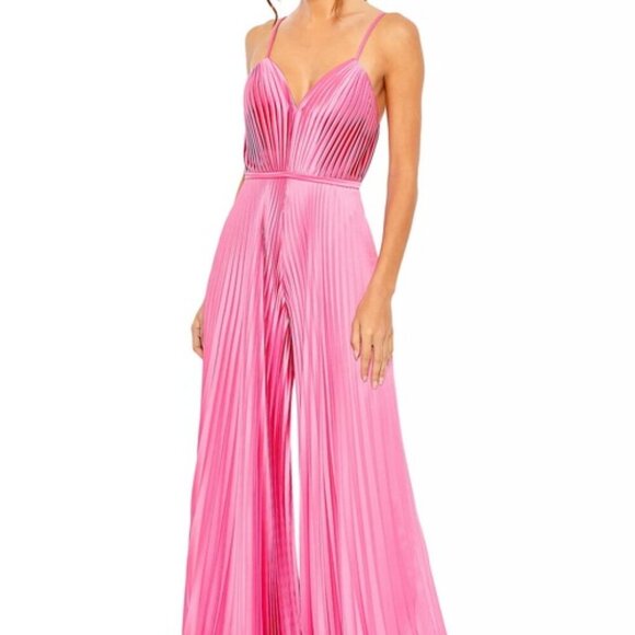Ieena Mac Duggal Pink Pleated Satin Wide Leg Jumpsuit